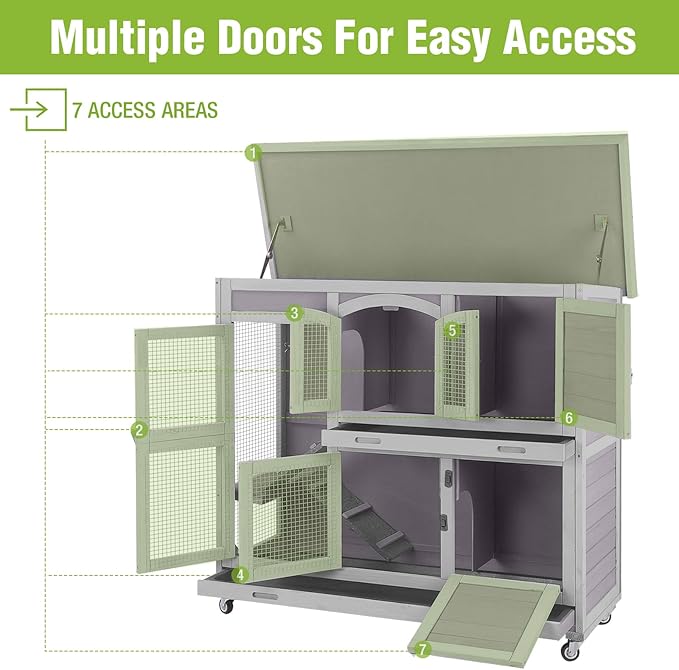 Rabbit Hutch Indoor & Outdoor, Mobile Bunny Hutch with Wheels, 47’’ Wooden Rabbit Cage with 2 Pull Out Trays and Ramp, Two-Story Design Guinea Pig Cages