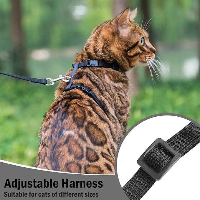 PUPTECK Adjustable Cat Harness and Leash Set Escape Proof Kitten Strap Collar for Walking Travel, Black, M