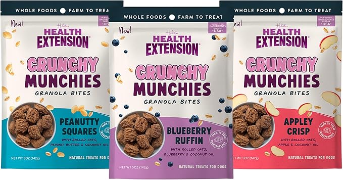 Health Extension Crunchy Munchies Granola Bites Variety Pack – 5oz (142g) Each – Blueberry Ruffin, Appley Crisp & Peanutty Squares Flavors – Natural Dog Treats with Rolled Oats & Coconut Oil