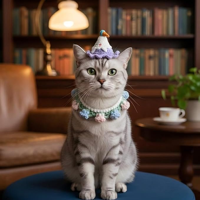 Handmade Knit Cat Birthday Outfit – Adjustable Birthday Dog Hat & Floral Wreath Scarf for Cats and Small to Medium Dogs, Cute Dog Costume for Party, Holiday, Daily Wear & Photos