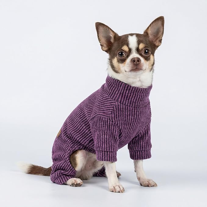 Fitwarm Mock Neck Knitted Dog Pajamas, Warm Winter Clothes for Small Dogs Boy Girl, Pet Onesie, Purple, Small