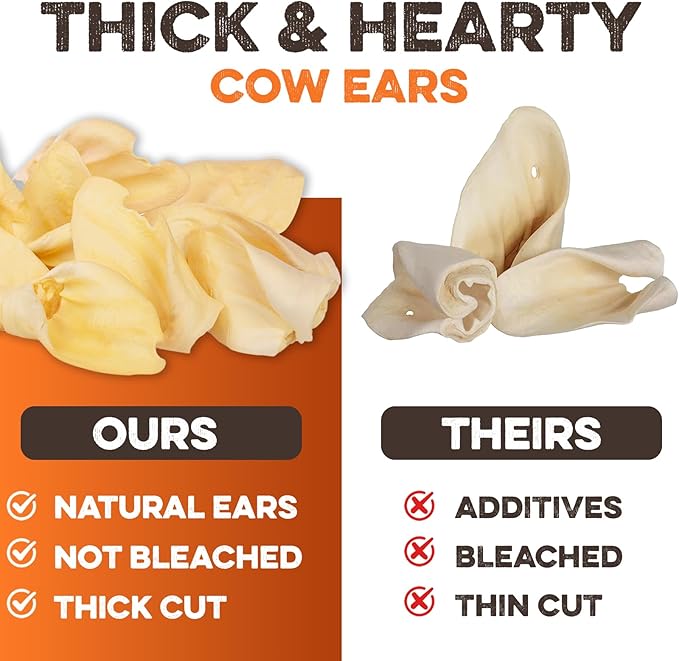 BRUTUS & BARNABY Cow Ears for Dogs – Whole Ears 12 ct, Thick Cut, Grass-Fed Angus Beef, All-Natural No-Rawhide Dog Treat Alternative