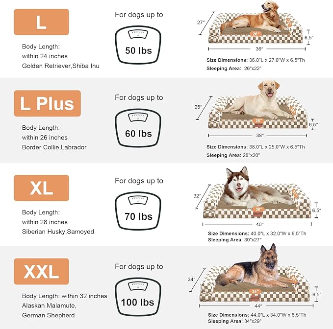 Large Dog Bed Orthopedic Washable: Beds Bolster XL Bed Medium Large Dogs Egg Crate Foam Couch Sofa Waterproof with Removable Cover - Brown Grid