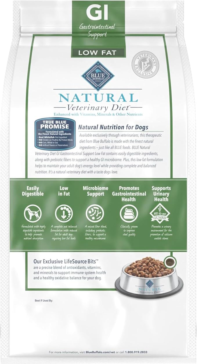 Blue Buffalo Natural Veterinary Diet GI Gastrointestinal Support Low Fat Dry Dog Food, Veterinarian Prescription Required, Whitefish, 6-lb. Bag