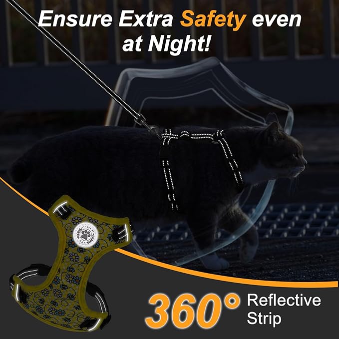 BEAUTYZOO Cat Harness, Escape Proof Cat Leash and Harness Set for Walking, Soft Breathable Vest Harness with Safety Neck Adjustable, Reflective Easy-Control Kitten Harness for Cats (Bee Design)