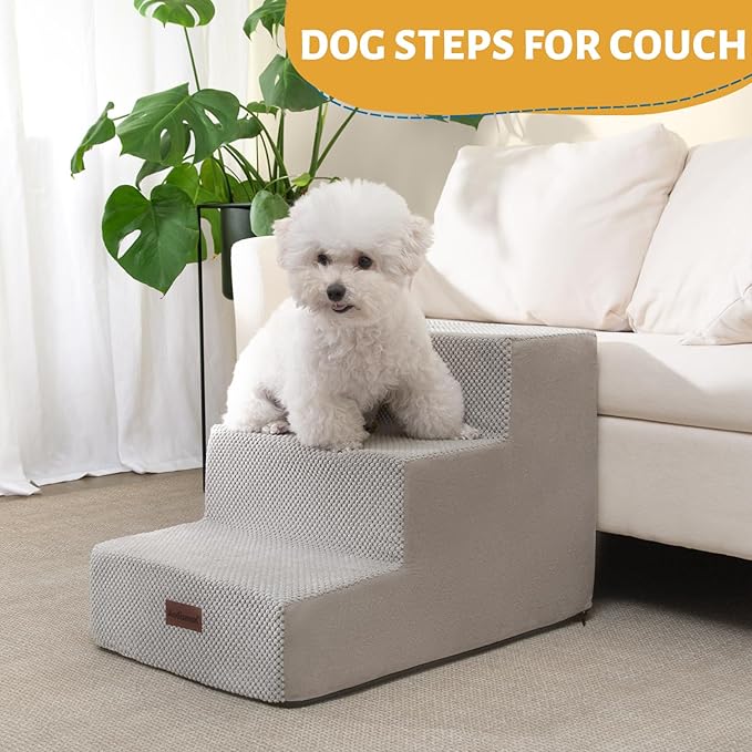 Aodisman Dog Stairs for Small Dogs & Cats, 3-Step Extra Wide Non-Slip Pet Steps for Couch Sofa and Chair, Light Grey, 15.7" H