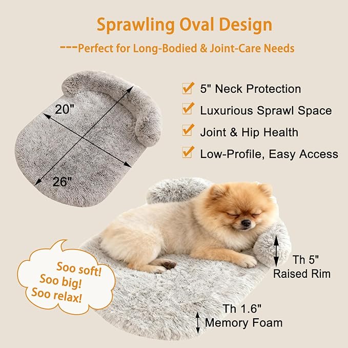 Calming Dog & Cat Beds for Small Medium Dogs Cats, Anti-Anxiety Plush Pets Lounge Orthopedic Cushion, Soft Fluffy Faux Fur Washable Fits up to 25 lbs Pets (Oval, Marble Grey 26"x20")