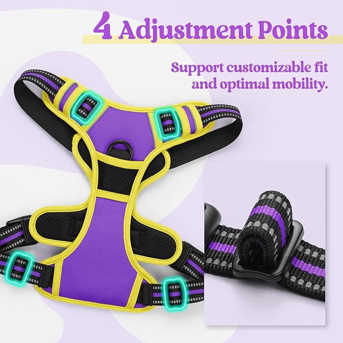 rabbitgoo Dog Harness No Pull with 2 Leash Clips, Adjustable Soft Padded, Reflective Oxford No Choke Pet Vest with Easy Control Handle for Medium Sized Dogs, Purple & Yellow, M