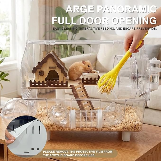 Loungewave Acrylic Hamster Cage, 8 in 1 Gerbil Cage with Accessories, Dwarf Hamster Cage with Full Transparent Viewing, Clear View Inside Easy to Clean, Excellent Ventilation, Classic House Style