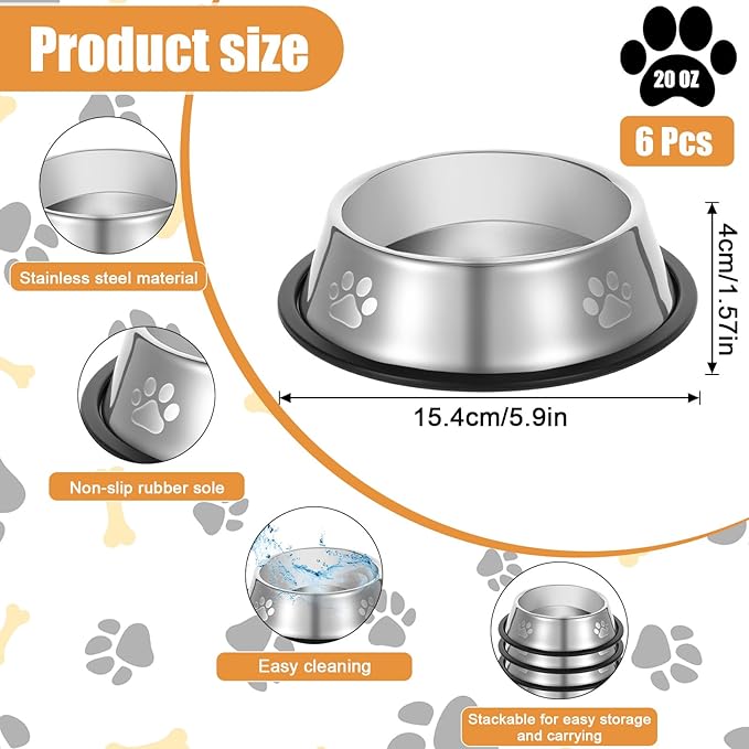 Kifmurase 6PCS Stainless Steel Dog Bowls, 20OZ Metal Feeding Bowl with Non-Slip Rubber Base, Pet Food and Water Dishes for Small Medium Animals Kitten Puppy Rabbit Cats