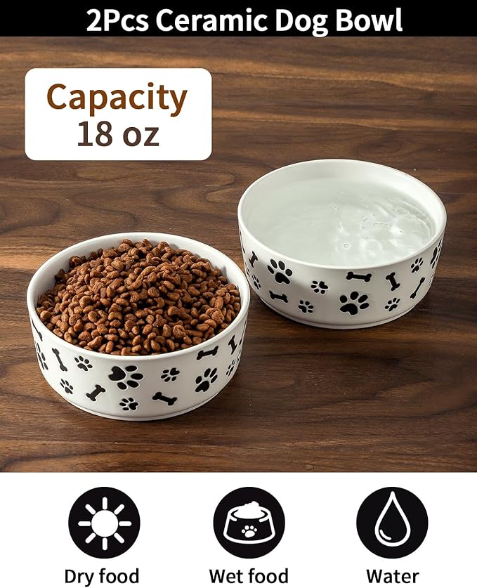 UBEE Ceramic Dog Bowl Set of 2, 5.5 inch Dog Food Bowl Dish with Bone Paw Pattern, Pet Food Water Dish Feeding Plates for Small Dogs, Puppy and Cat, White