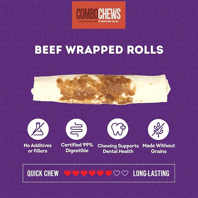 Combo Chews Beefhide Rolls 7" w/Beef Meat Wrap Dog Chew Treats - 3 Count/4 Pack