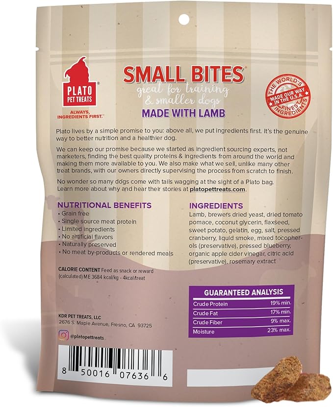 Plato Pet Treats Small Bites - Air-Dried Training Treats for Dogs - Supports Healthy Digestion - Limited Ingredients - Lamb 6oz