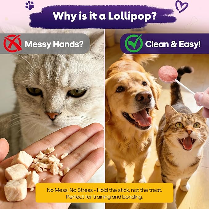 Freeze-Dried Lollipop Dog & Cat Treats, Interactive Crunchy Snacks for Indoor Kitten, 100% Natural Chicken Traning Treats for Cat, Small & Medium Dogs, 18 Pack