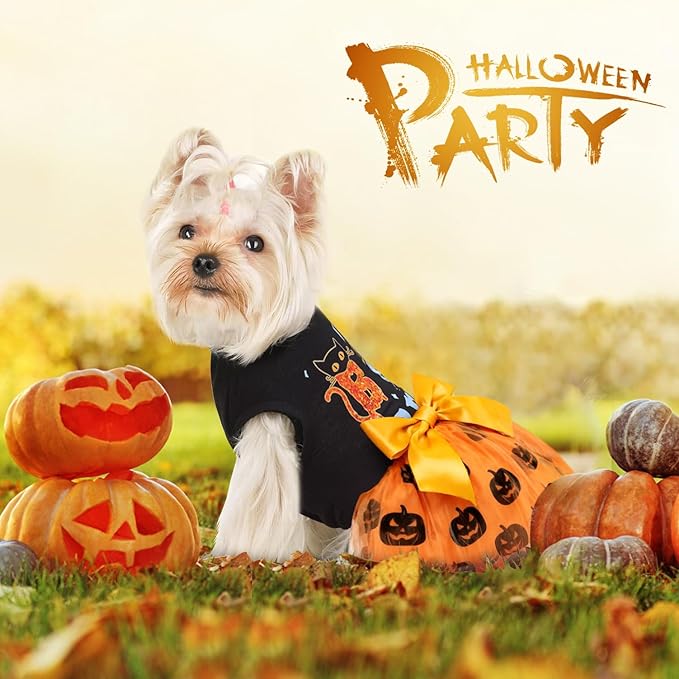 Idepet Dog Dress Halloween, Holiday Puppy Skirt Cute Boo Dog Costume Funny Pumpkin Print Pet Apparel Dog Clothes for Small Dogs Girls and Cats (Small)