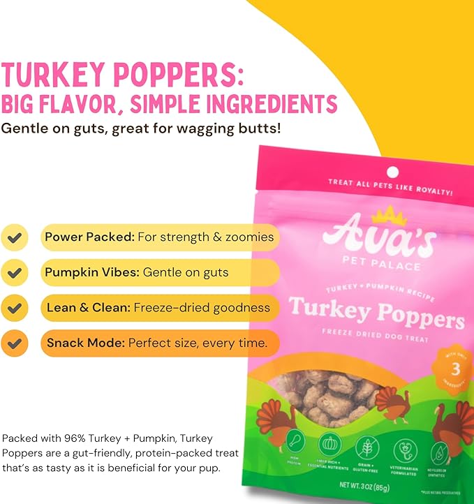 Ava's Pet Palace Turkey Poppers – Freeze-Dried Turkey Dog Treats with Pumpkin | High Protein, Grain-Free, Single-Ingredient Training Treats & Food Topper | Made in USA | No Preservatives
