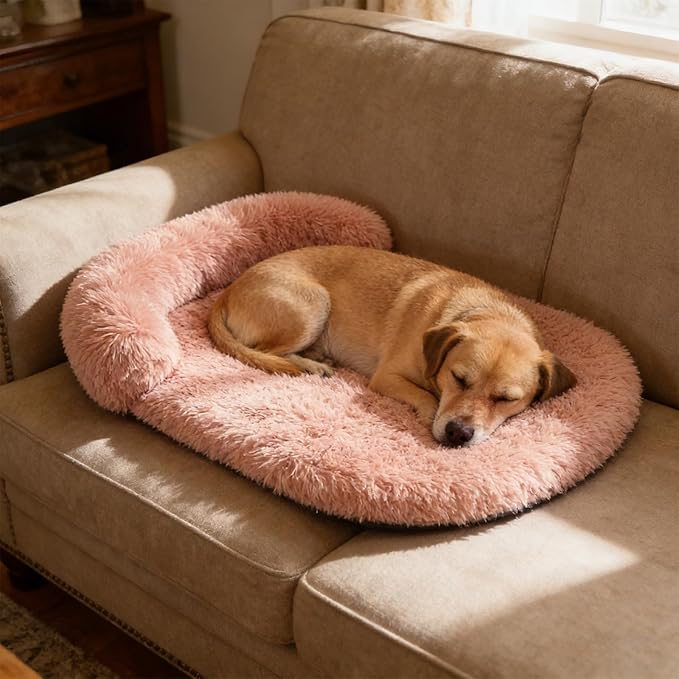 Calming Dog Beds for Medium Large Dogs, Orthopedic Cushion Plush Dogs Lounge Couch Sofa with Washable Removable Cover, Anti-Anxiety Soft Faux Fur Fits up to 40 lbs Pets (Oval, Blush 32"x24")
