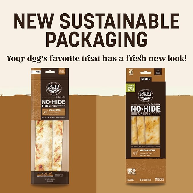 Earth Animal No Hide Strips - Natural Rawhide Free Dog Chew Strips, Venison - 10 Count Value Pack