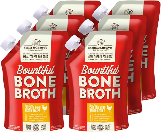 Stella & Chewy's Premium Cage-Free Chicken Bone Broth for Dogs - Joint & Gut Health Support Liquid Food Topper with Collagen & Turmeric, 16 Fl Oz Resealable Pouch (Pack of 6)