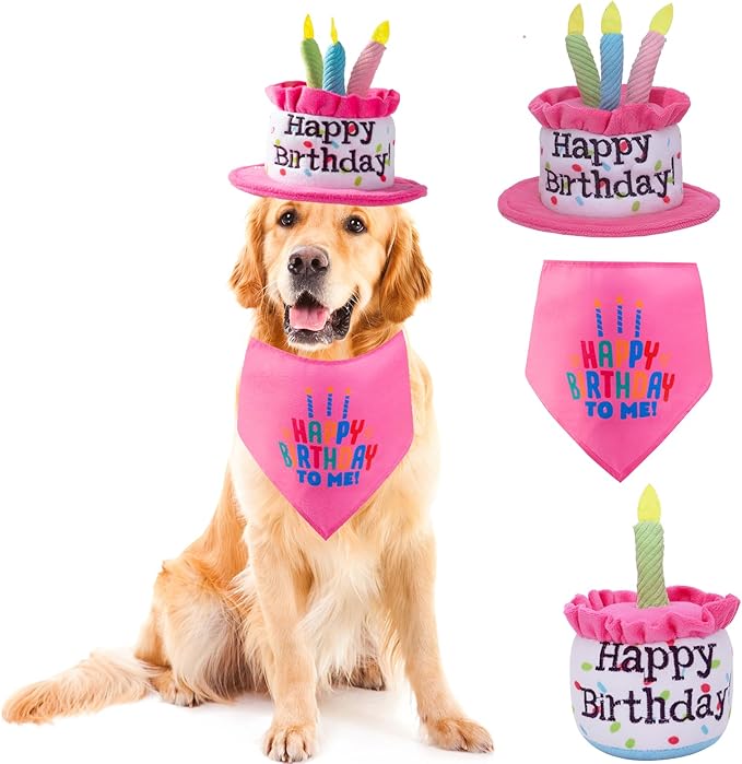 Extral Large Dog Birthday Cake Hat & Bandana Scarfs Set Pink, Dog Happy Birthday Hat with Colorful Candles, Large Dogs Birthday Party Supplies Decorations