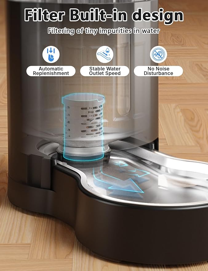 JUNSPOW Cat Water Dispenser with Filter and Stainless Steel Bowl, Automatic Gravity Water Dispenser for Cats or Small Medium Size Dogs, Large Capacity, Easy to Clean and Safe for Pets (4L Black)