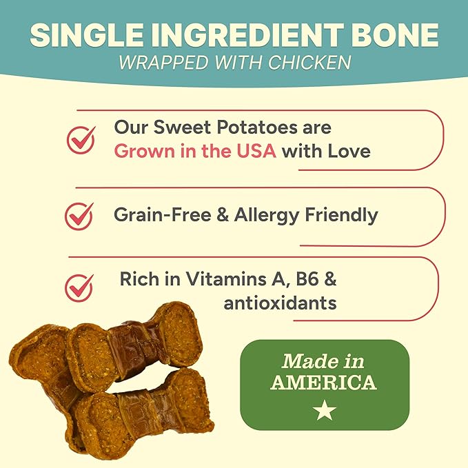 Gaines Family Farmstead Chicken Wrapped Sweet Potato Dog Bones - 8 oz Bag, Natural, Grain-Free Dog Treats for All Ages & Breeds, Great for Training and Rewards, Made in USA