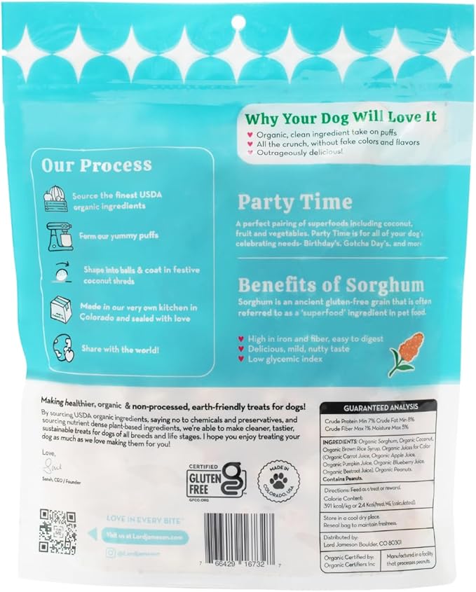Lord Jameson Party Time | Light & Crunchy Love Puffs Collection | Organic Dog Treats, Celebrate a Birthday, Superfood Coconut, Gluten-Free, Preservative-Free, USDA Certified Organic. Made in USA