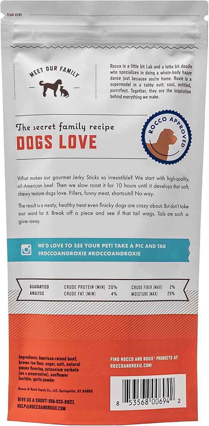 Rocco & Roxie Jerky Dog Treats - Slow Roasted Beef Sticks for All Breed Sizes - 170g Bag (Pack of 2)