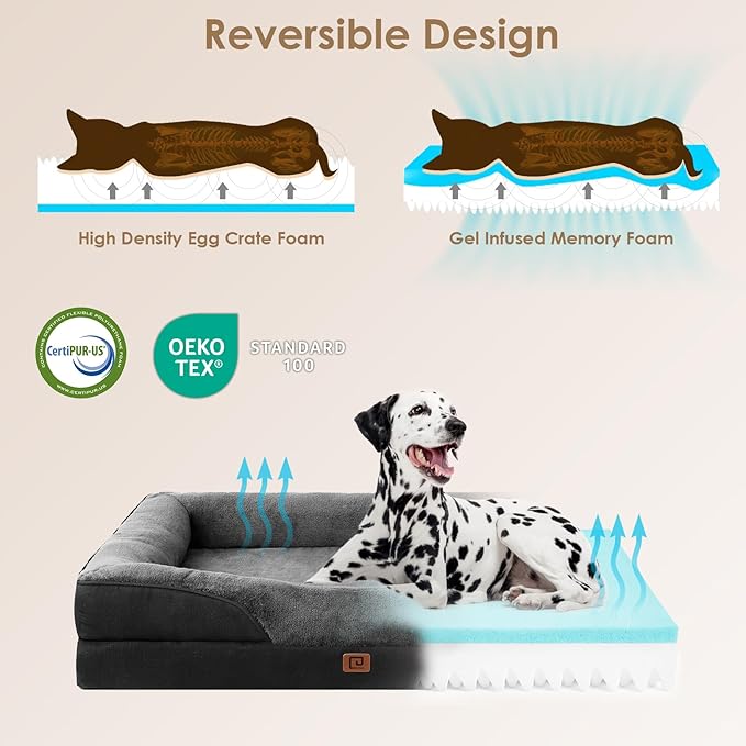 EHEYCIGA Orthopedic Dog Bed for Medium Dog, 30x20x6.5 Inch Memory Foam Dog Couch Bed with Sides, Waterproof Liner & Washable Removable Cover, Bolster Pet Sofa, Grey/Black