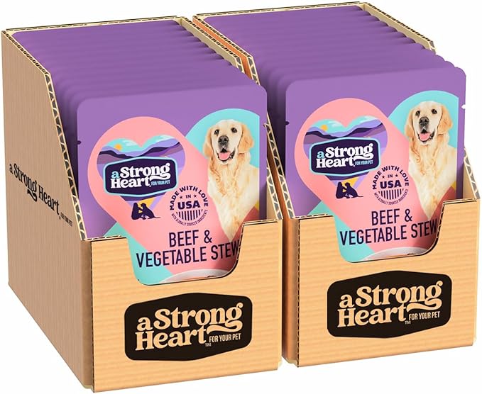 A Strong Heart Wet Dog Food Pouches, Beef & Vegetable Stew, 3.5 oz Pouches (Pack of 24), Made in The USA with Real Beef