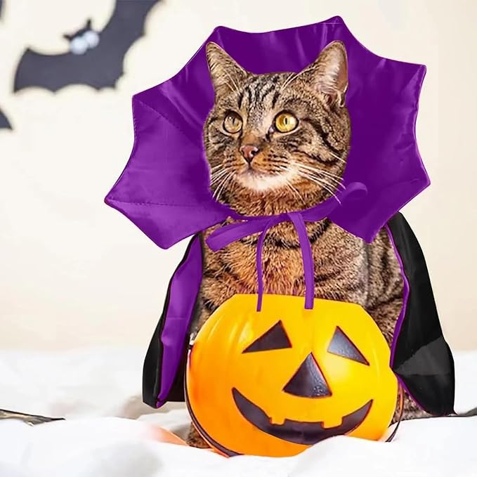 Qiansail Cat Cape Vampire Cloak Halloween Dog Costume Pet Cosplay Apparel Outfit Decor Accessories for Puppy Kitten (Black&Purple)