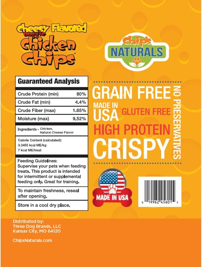 Chip's Naturals Cheesy Flavored Doggie Chicken Chips - Small 4 oz Natural High Protein Low Calorie Dog Treats, Grain Free Gluten Free USDA Inspected & Approved Chicken Treat for Dogs, Pet Supplies