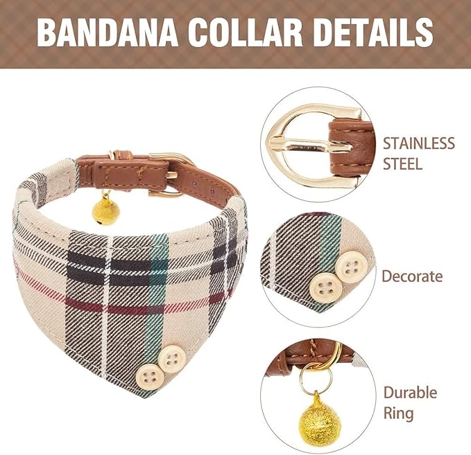 KOOLTAIL Small Dog Collar and Leash Set with Bowtie and Bells - Cute Puppy Bandana Collar and Leash with Classic Plaid Pattern, Soft Leather Tangle Free Leashes for Small Boys Girls Dogs,Cats,Beige S
