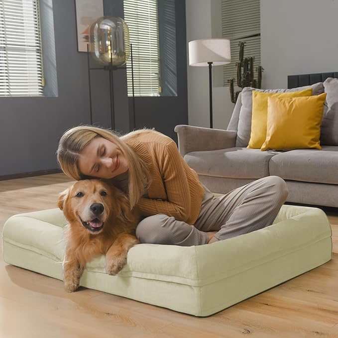 Large Orthopedic Dog Beds, Waterproof Dog Bed with Removable Cover, 4-Sides Removable Bolster Pet Soft Sofa with Nonskid Bottom, Washable Pet Beds for Large Dogs, Beige