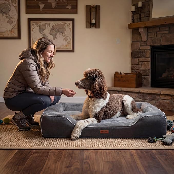Orthopedic Dog Bed for Large Dogs,Cooling Gel & Egg Crate Foam,Waterproof Removable Washable Cover,Bolster Couch Bed for Big Breed Senior Pets,Dark Grey, 42.0"X30.0"X9.0"
