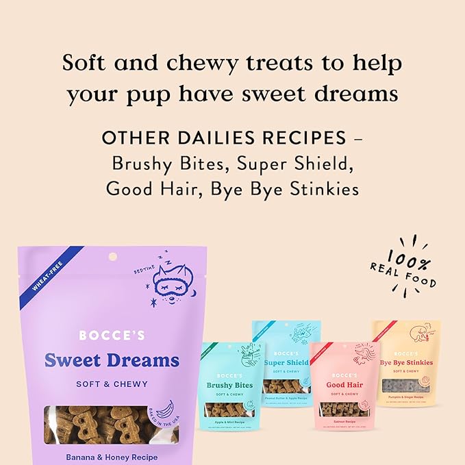 Bocce's Bakery Dailies Sweet Dreams Dog Treats for Bedtime Support, Wheat-Free Dog Treats, Made with Real Ingredients, Baked in The USA, Natural Soft & Chewy, Banana & Honey, 6 oz