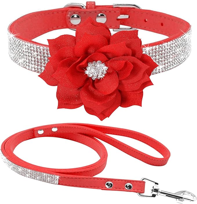 Cute Dazzling Sparkling Elegant Fancy Soft Suede Leather Bling Rhinestone Crystal Jeweled Pet Cat Dog Puppy Collar Dog Leash Combo Set (L(Neck 15-18"), Red-6)
