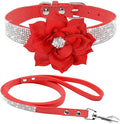 Cute Dazzling Sparkling Elegant Fancy Soft Suede Leather Bling Rhinestone Crystal Jeweled Pet Cat Dog Puppy Collar Dog Leash Combo Set (L(Neck 15-18"), Red-6)