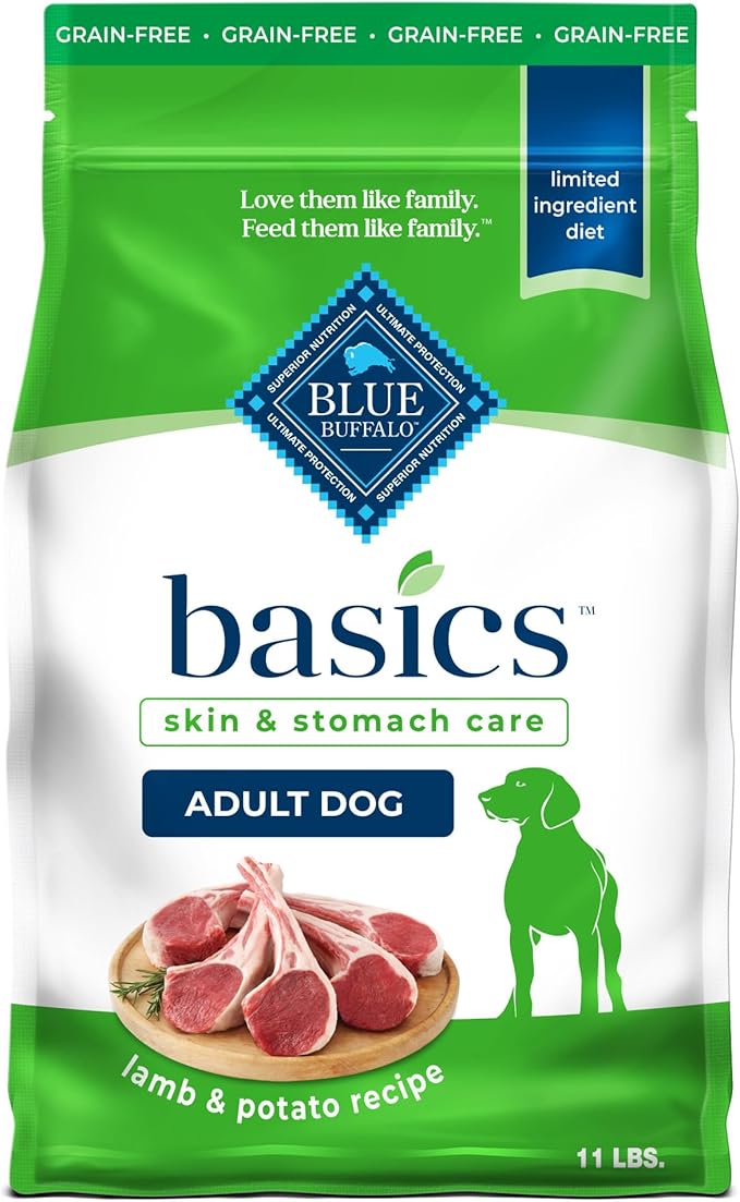 Blue Buffalo Basics Grain-Free Adult Dry Dog Food, Skin & Stomach Care, Limited Ingredient Diet for Dogs, Lamb Recipe, 11-lb. Bag