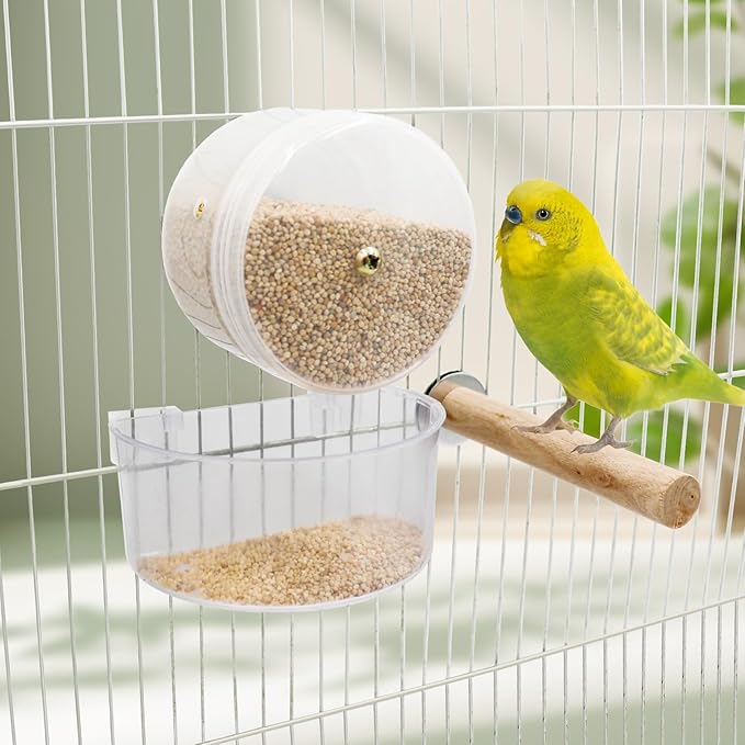 Bird Wheel Foraging Toys, Plastic Parrot Cage Feeder with Wood Perch, Parakeet Seed Food Container, Cage Accessories for Small and Medium Birds Cockatiels Lovebirds Conures Rats Hamster Guinea Pig