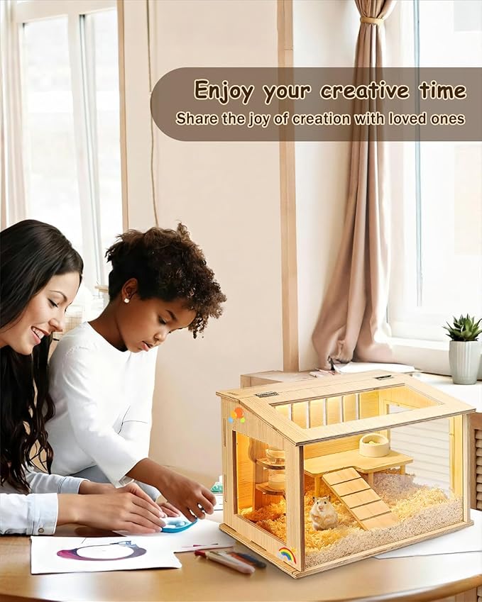 Small Wooden Hamster Cage for Dwarf Hamsters, 15.8" Portable Habitat with Acrylic Panels & Openable Top, Includes Water Bottle & Platform for Robo, Winter White Hamsters & Campbell’s Dwarf Hamsters