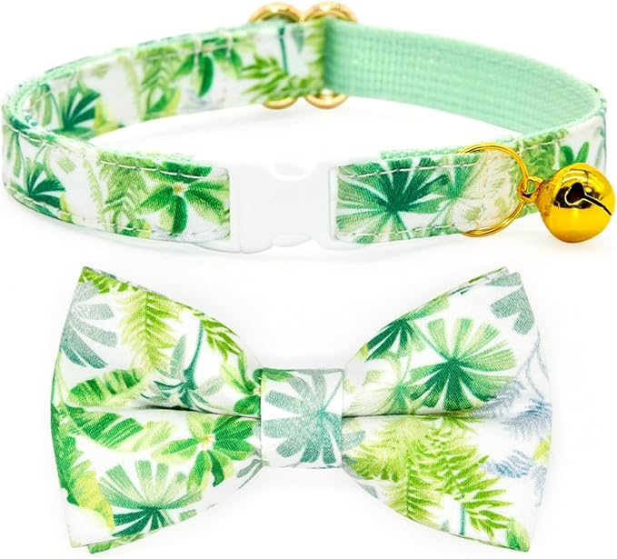 Bow Tie Cat Collar Set, Hawaiian Palm Green,Wedding/Birthday Gift for Cat, Cat Accessories, XXS (6" - 10")