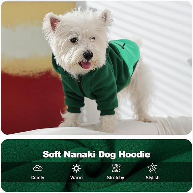 Nanaki Dog Hoodies for Medium Size Dogs with Pocket- Long Sleeves Adjustable Zip Collar-Soft Fleece Sweater Sweatshirt for French Bulldog, West Highland, Warm Pet Coat Jacket Machine Washable Green M