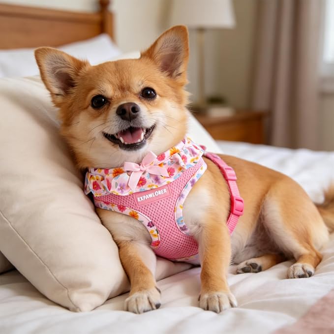 EXPAWLORER Cute Dog Harness Collar Leash Set - Pink Girl Dog Harness Checkered Step-in Design, Adjustable No-Choke Lightweight Mesh Vest for Cats Puppy Small Dogs, Flower XS
