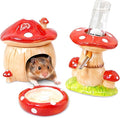 BNOSDM 3-in-1 Ceramic Hamster Hideout, Food Bowl, Water Bottle with Stand - Mushroom Shape - Red