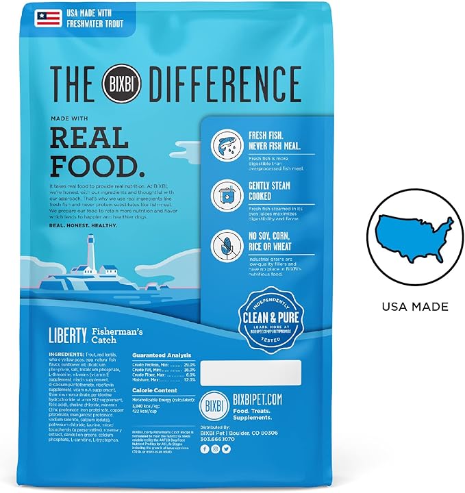BIXBI Liberty Grain-Free Dry Dog Food, Fisherman’s Catch Recipe – Fresh Fish, High Protein, No Meat Meals – USA Made, 22 lbs