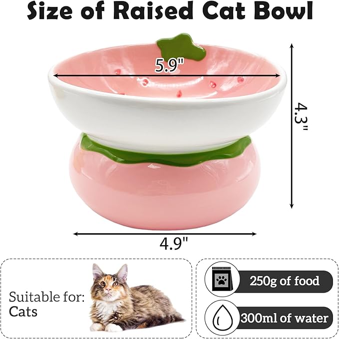 Hamiledyi Ceramic Raised Cat Bowls 15° Tilted Elevated Kitten Food Water Bowl Shallow Whisker Fatigue Kitty Dish Fruit Pet Feeding Bowls Feeder for Indoor Cats Small Dog (Pink Strawberry)