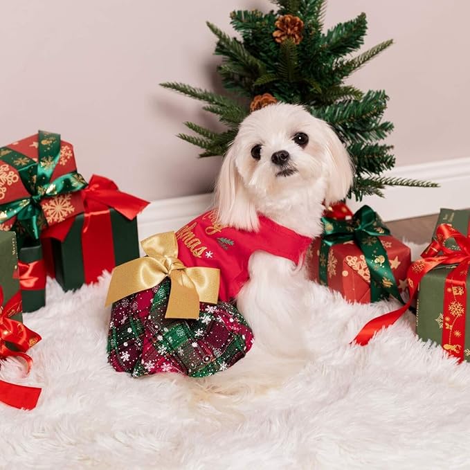 Fitwarm Merry Woofmas 100% Cotton Dog Christmas Outfits Girl Dog Holiday Dress Lightweight Doggie Costume Puppy Clothes Pet Apparel with Bowknot Cat Clothing Red Small