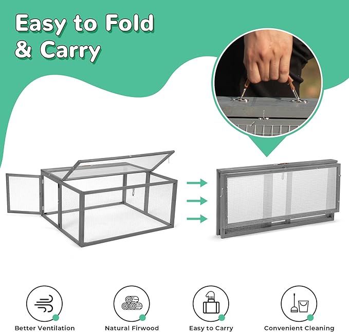 COZIWOW Chicken Coop Run Rabbit Hutch, Portable Chicken Cage Pens with Top & Side Opening Doors, Folding Wooden Chicken Coop, Outdoor Indoor Small Animal Playpen, Chicken Brooder Box, 43.3Inch (Grey)