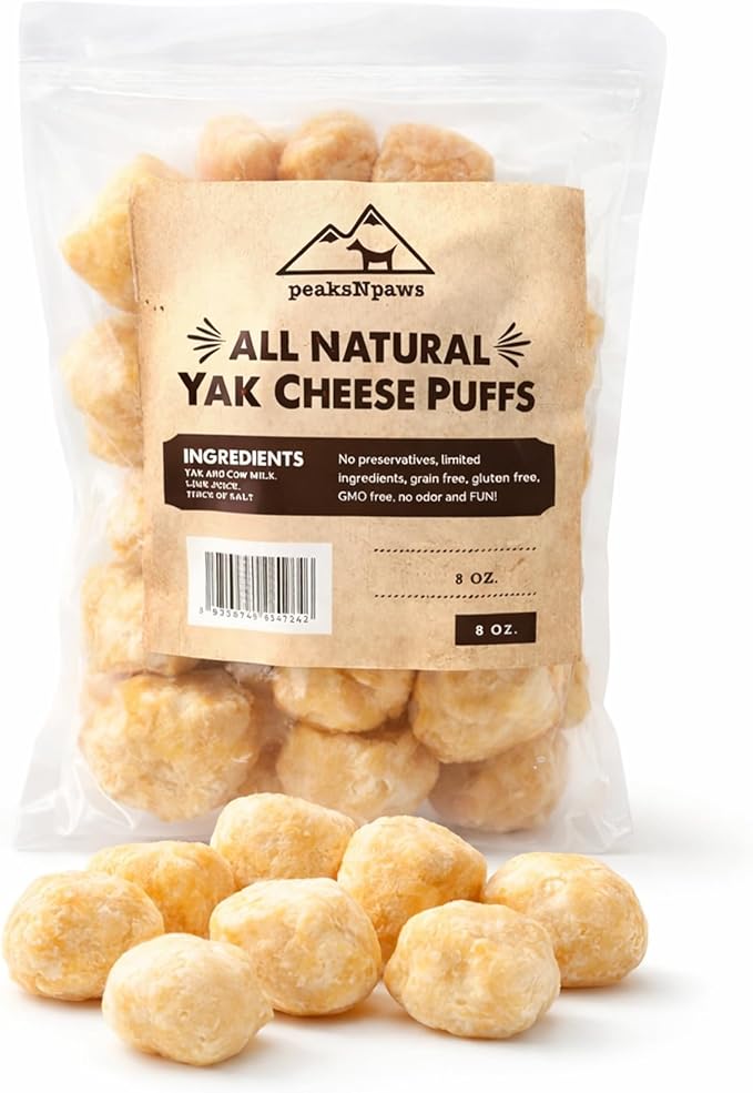 peaksNpaws Yak Cheese Puffs for Dogs, Natural Himalayan Yak Chews, Crunchy & Digestible Dog Treats, High Protein Cheese Puffs for All Breeds (8 oz)
